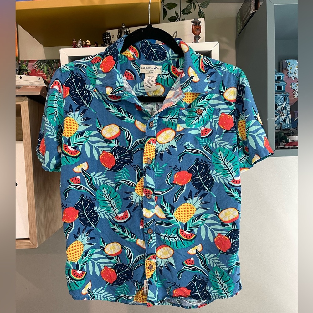 Caribbean Joe Blue Tropical Fruit Print Button-Down Shirt